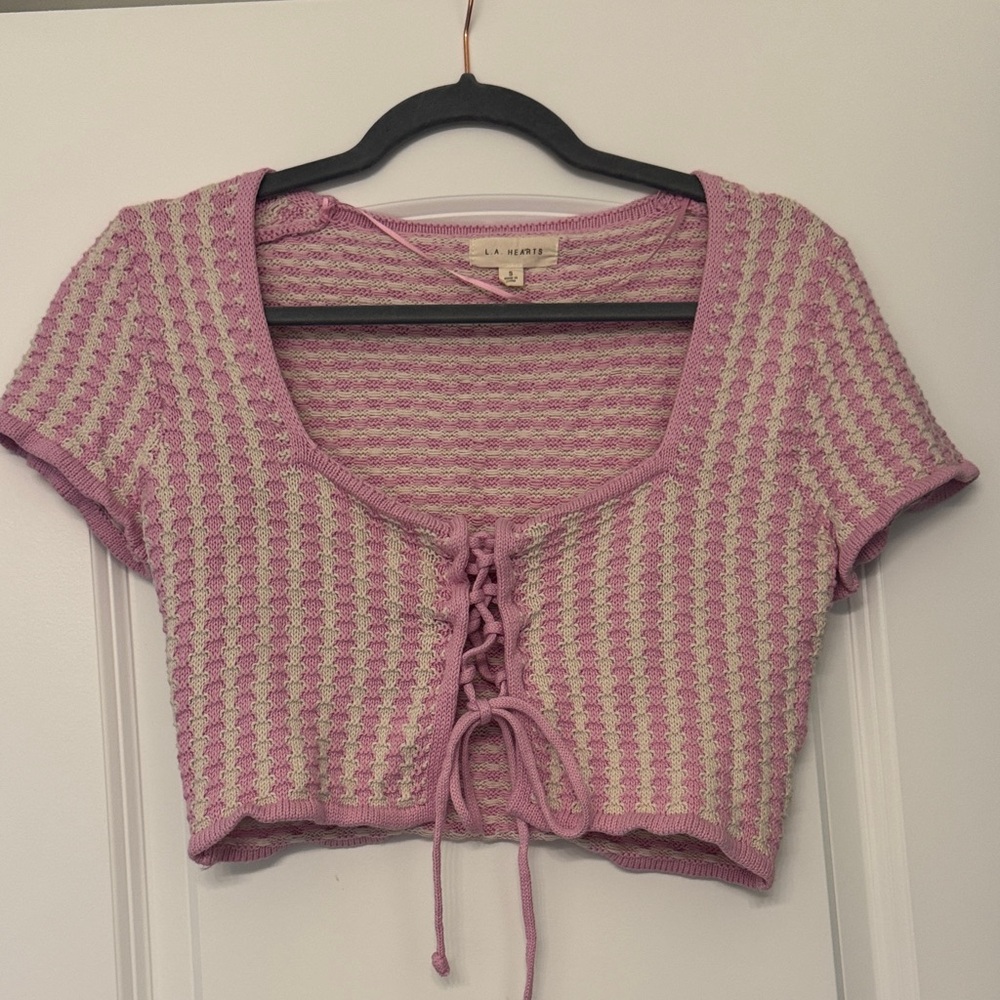 Pink and Cream Knit Square Neck Girly Sweet Crop Top - Picture 1 of 5